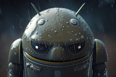 close-up of androids face, with its cold and emotionless expression, created with generative aiの素材