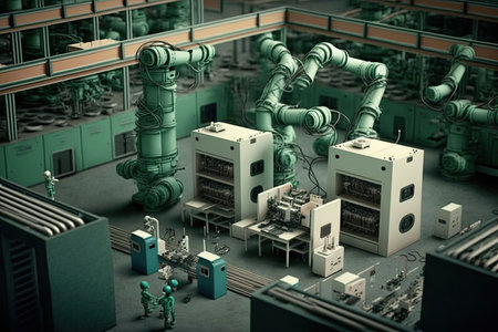 a factory, with androids being built on assembly lines, created with generative aiの素材