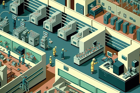 a factory, with androids being built on assembly lines, created with generative aiの素材