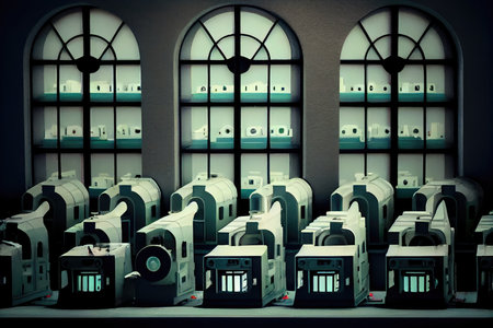 window factory, with rows of machines molding and shaping plastic windows, created with generative aiの素材