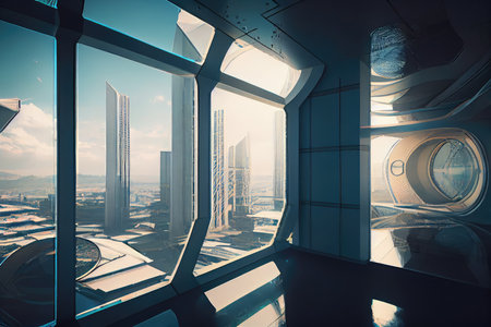 interior of futuristic building, with transparent plastic windows and view onto futuristic cityscape, created with generative aiの素材