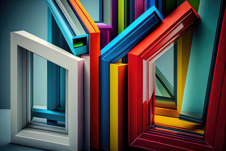 window manufacturer, showcasing various plastic windows in different shapes and colors, created with generative aiの素材