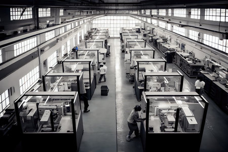 factory, where plastic windows are produced in large numbers with the help of high-tech machines, created with generative aiの素材