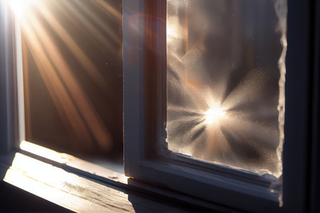 close-up of plastic window, with sunlight shining through, created with generative aiの素材