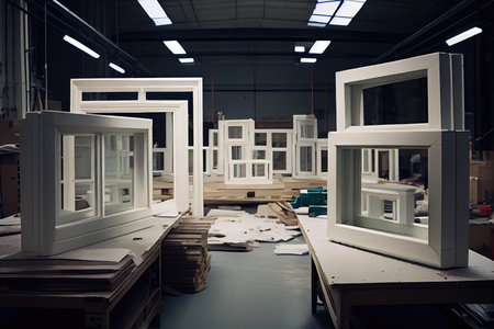 a workshop with a variety of plastic windows being manufactured, created with generative aiの素材