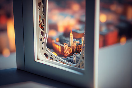 close-up of plastic window frame, with the view of a busy city visible through it, created with generative aiの素材