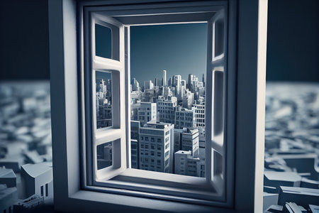 close-up of plastic window frame, with the view of a busy city visible through it, created with generative aiの素材