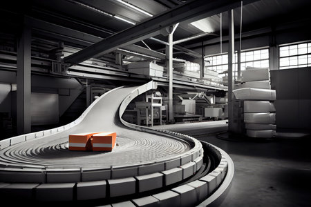 a factory, with conveyor belts bringing plastic windows to the packaging line, created with generative aiの素材