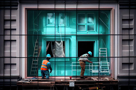 plastic windows being installed in building, with workers on scaffolding and tools visible, created with generative aiの素材