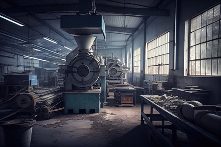 factory, where plastic windows are produced on conveyor belt and moved to the next workstation, created with generative aiの素材