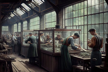 glass factory, with rows of workers assembling glass for windows and doors, created with generative aiの素材