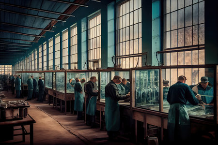 glass factory, with rows of workers assembling glass for windows and doors, created with generative aiの素材
