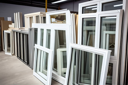 window manufacturer, showing off their products with variety of sizes, styles and colors, created with generative aiの素材