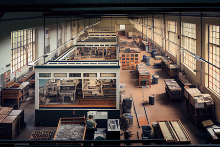 a factory, where plastic windows are being produced on an industrial scale, created with generative aiの素材