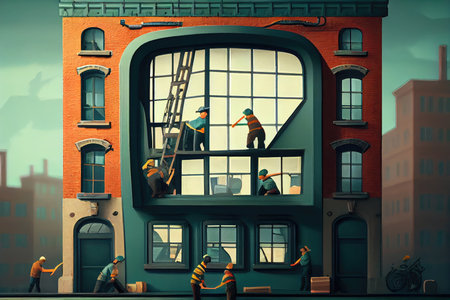 window factory, with workers assembling window frames and installing windows, created with generative aiの素材