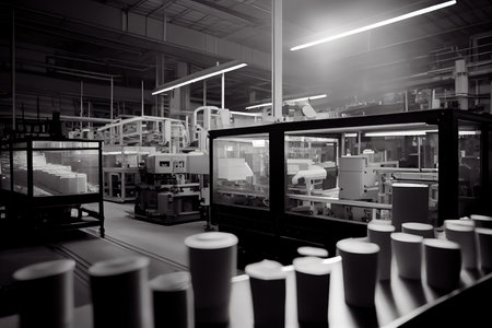 factory, with machines producing a steady stream of plastic windows, created with generative aiの素材
