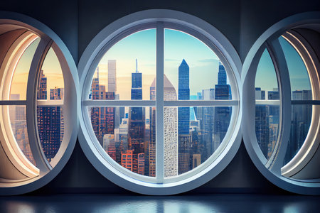 circular panes of plastic windows in modern office building, with view of cityscape and skyscrapers, created with generative aiの素材