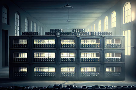factory, with rows of plastic windows being stamped and shaped, created with generative aiの素材