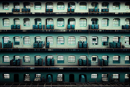 factory, with rows of plastic windows being stamped and shaped, created with generative aiの素材