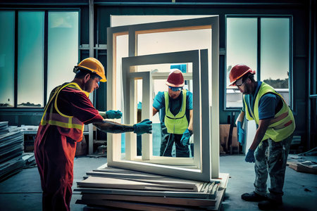 plastic window frames being assembled for a new house, with workers placing the windows, created with generative aiの素材
