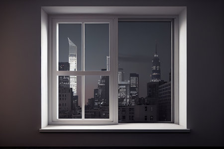 plastic window, with view of busy city skyline, is part of modern and minimalist interior, created with generative aiの素材