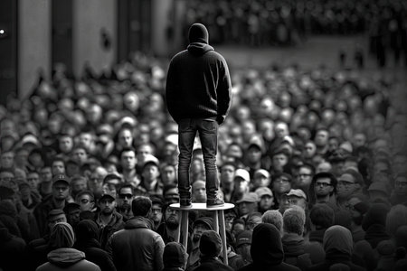 protester standing on chair to be seen above the crowd, created with generative aiの素材