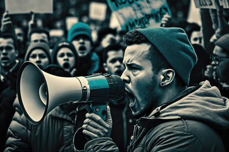 protester with megaphone, addressing crowd of supporters, created with generative aiの素材