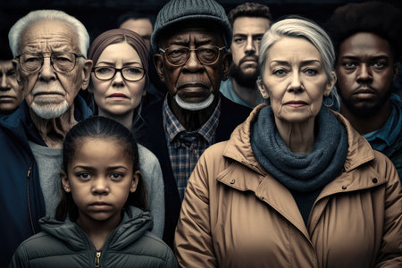 peaceful protest with people of different ages and backgrounds standing together to support their cause, created with generative aiの素材