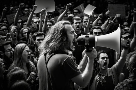 protester with megaphone, addressing crowd of supporters, created with generative aiの素材