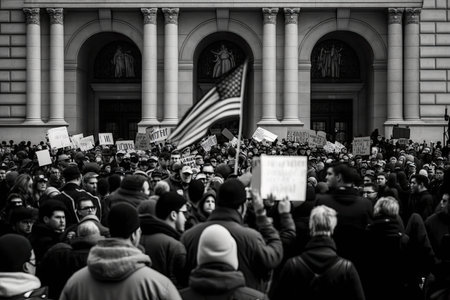 protesting crowd, with peaceful protest and signs, in front of government building, created with generative aiの素材