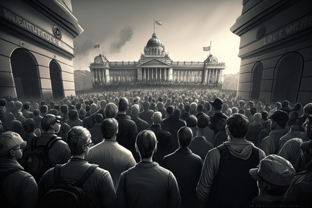 protesting crowd, with view of government building in the background, showing their rejection of current political system, created with generative aiの素材