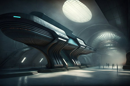 futuristic subway station with sleek design and advanced technology, created with generative aiの素材