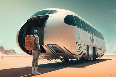 person, boarding futuristic shuttle with their luggage, bound for unknown destination, created with generative aiの素材
