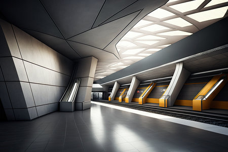 futuristic subway or train station with sleek and modern design, featuring natural lighting and touchscreens, created with generative aiの素材