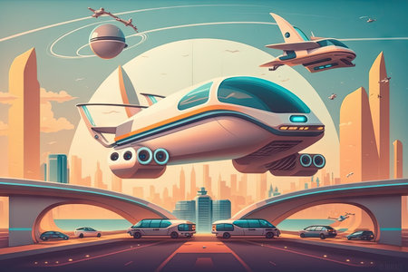 futuristic public transportation system with flying cars and hoverboards for travel of the future, created with generative aiの素材