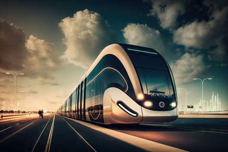 public transportation system of the future, with self-driving vehicles and driverless controls, created with generative aiの素材