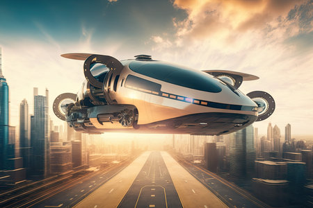 hovercar flying over futuristic city with high-speed public transportation system, created with generative aiの素材