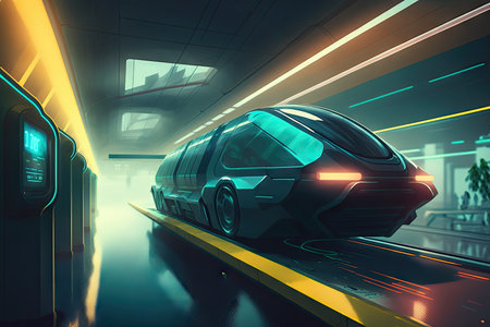 futuristic subway system with sleek, streamlined cars and holographic displays, created with generative aiの素材
