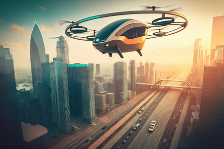 passenger drone flying over city, with view of futuristic public transportation system below, created with generative aiの素材