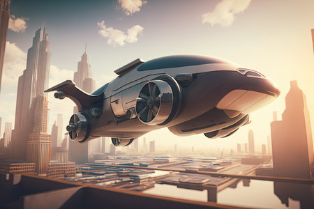 hovercar, flying over futuristic cityscape with sleek lines and advanced technology, created with generative aiの素材