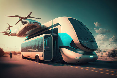 transport system of the future, with self-driving cars and drones providing door-to-door service, created with generative aiの素材