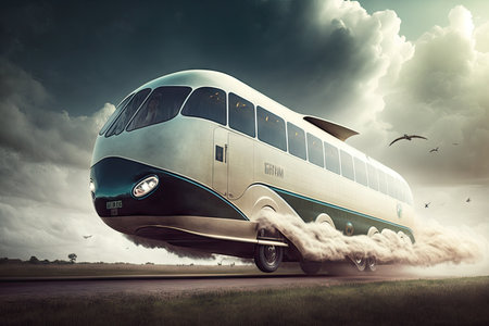flying bus, carrying passengers to their destinations at high speeds and in comfort, created with generative aiの素材