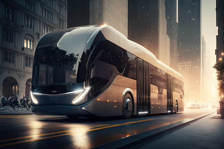 bus, with exterior made of sleek and futuristic materials, drives down busy city street, created with generative aiの素材
