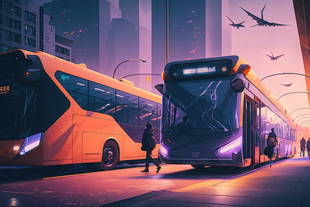 public transportation of future, with electric buses and charging stations, on futuristic city street, created with generative aiの素材
