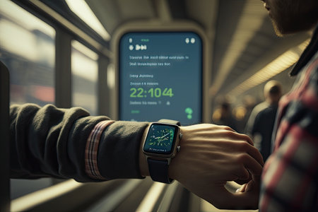 person, using smartwatch to get real-time updates on public transportation system, created with generative aiの素材