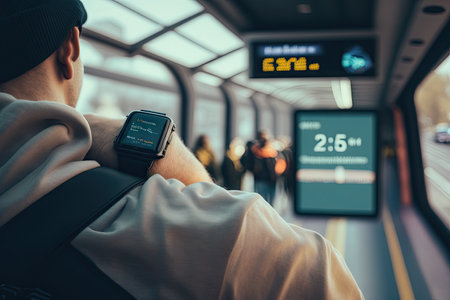 person, using smartwatch to get real-time updates on public transportation system, created with generative aiの素材