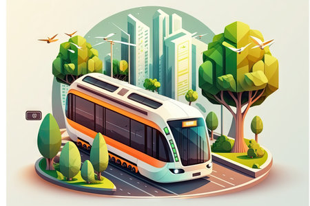 smart city with public transportation that is not only eco-friendly, but also integrates seamlessly with other smart technologies, created with generative aiの素材