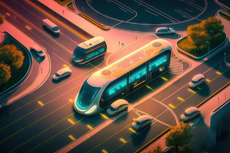 public transportation system of the future, with self-driving vehicles and smart traffic lights, created with generative aiの素材