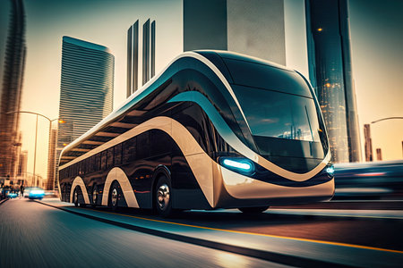 futuristic bus, with hydrogen fuel cell and self-driving technology, speeds past sleek skyscrapers, created with generative aiの素材