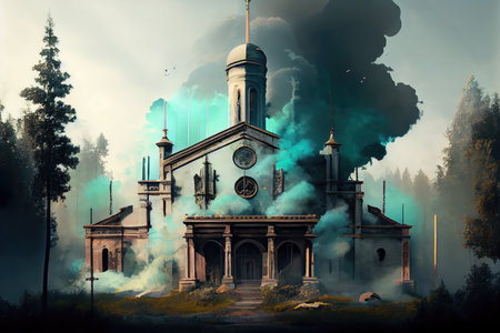 a church, with the smoke from its incense rising into the sky, created with generative aiの素材